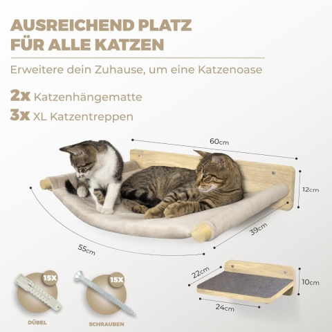 WOOWOOD® – Luksusowa Ścianka Wspinaczkowa i Zestaw Mebli Ściennych dla Kota – Lite Drewno, 2x Hamak i Schodki