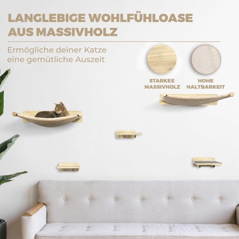 WOOWOOD® – Luksusowa Ścianka Wspinaczkowa i Zestaw Mebli Ściennych dla Kota – Lite Drewno, 2x Hamak i Schodki