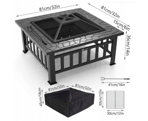 VOUNOT® – Wielofunkcyjne Palenisko Ogrodowe Kwadratowe 4w1 – Grill, Stolik i Schładzacz do Napojów (Ice Bucket)