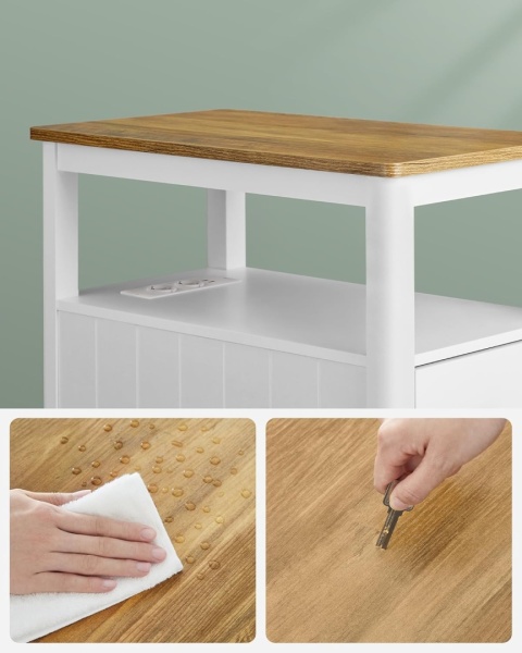 VASAGLE® – Wielofunkcyjny Wąski Stolik Boczny i Nocny – Model LET327W14 – Wbudowana Listwa Zasilająca (2x Gniazdko, 2x USB)