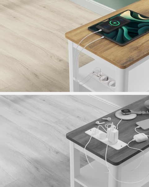 VASAGLE® – Wielofunkcyjny Wąski Stolik Boczny i Nocny – Model LET327W14 – Wbudowana Listwa Zasilająca (2x Gniazdko, 2x USB)