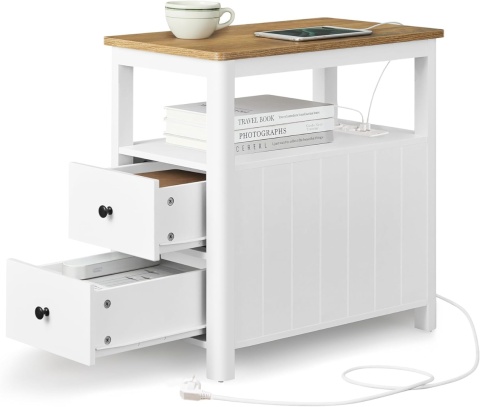 VASAGLE® – Wielofunkcyjny Wąski Stolik Boczny i Nocny – Model LET327W14 – Wbudowana Listwa Zasilająca (2x Gniazdko, 2x USB)