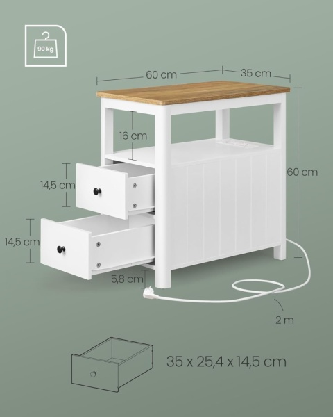 VASAGLE® – Wielofunkcyjny Wąski Stolik Boczny i Nocny – Model LET327W14 – Wbudowana Listwa Zasilająca (2x Gniazdko, 2x USB)