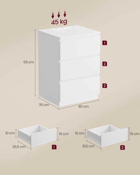 VASAGLE® – Nowoczesny Elegancki Stolik Nocny i Pomocniczy – Model LET631W14 – Wbudowana Stacja Ładowania (2x Gniazdko, 2x USB)