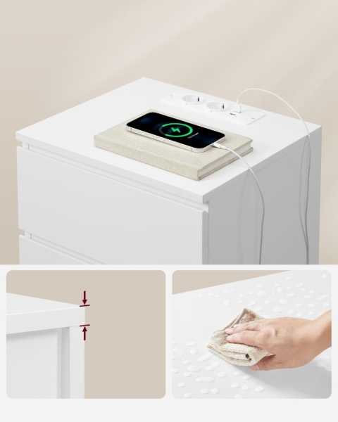VASAGLE® – Nowoczesny Elegancki Stolik Nocny i Pomocniczy – Model LET631W14 – Wbudowana Stacja Ładowania (2x Gniazdko, 2x USB)