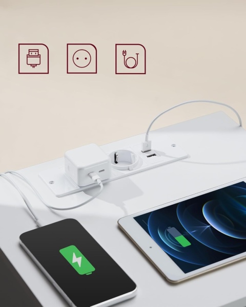 VASAGLE® – Nowoczesny Elegancki Stolik Nocny i Pomocniczy – Model LET631W14 – Wbudowana Stacja Ładowania (2x Gniazdko, 2x USB)
