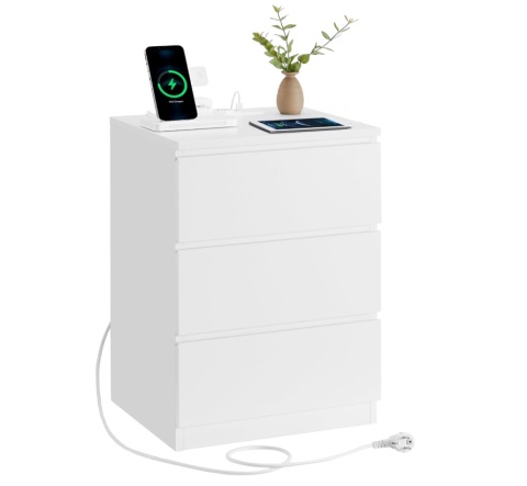 VASAGLE® – Nowoczesny Elegancki Stolik Nocny i Pomocniczy – Model LET631W14 – Wbudowana Stacja Ładowania (2x Gniazdko, 2x USB)