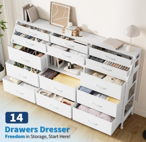GarveeHome® Super Long Wide Dresser – Ekskluzywna Szeroka Komoda Sypialniana i Regał – 14 Szuflad Tekstylnych