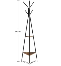 Rustykalny Wieszak Podłogowy i Stojący Regał – 179 cm – Żelazna Stabilna Rama, 6 Zaokrąglonych Haczyków i 2 Półki z MDF