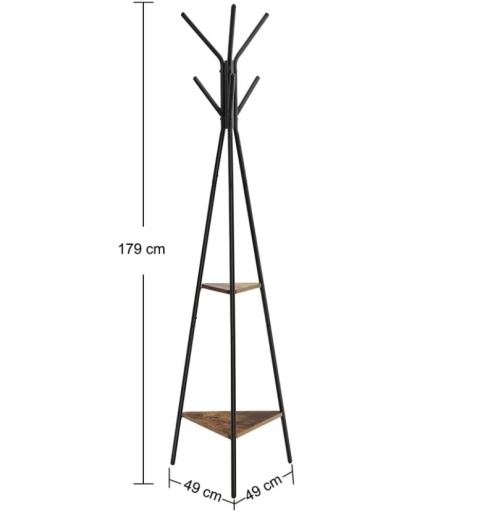 Rustykalny Wieszak Podłogowy i Stojący Regał – 179 cm – Żelazna Stabilna Rama, 6 Zaokrąglonych Haczyków i 2 Półki z MDF