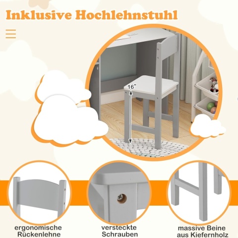 COSTWAY® – Ekskluzywny Drewniany Zestaw Meblowy dla Dzieci – Biurko Szkolne z Krzesłem, Nadstawką, Szafką i Tablicą Ogłoszeń