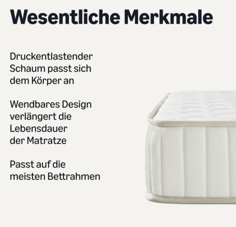Amazon Basics® – Dwustronny Materac Piankowy Memory Foam – Średnia Twardość H3, Redukcja Nacisku Wymiary: 90 x 200 x 20 cm