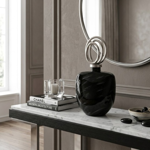 Luksusowy Wazon Dekoracyjny / Flakon – Czarne Szkło Artystyczne i Aluminiowe Ringi – Styl Glamour / Art Deco