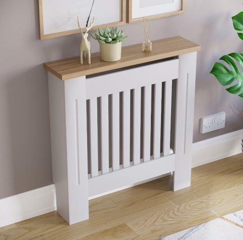 Vida Designs® Arlington Small – Elegancka Biała Osłona Grzejnika z Półką – Lakierowana Płyta MDF