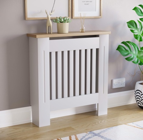 Vida Designs® Arlington Small – Elegancka Biała Osłona Grzejnika z Półką – Lakierowana Płyta MDF