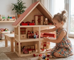 Roba® – Bajkowy Trzypiętrowy Drewniany Domek dla Lalek z Kompletem Mebelków i Balkonem – Wymiary: 70 x 30 x 74 cm
