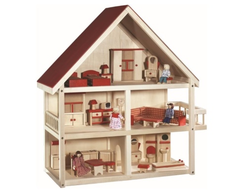 Roba® – Bajkowy Trzypiętrowy Drewniany Domek dla Lalek z Kompletem Mebelków i Balkonem – Wymiary: 70 x 30 x 74 cm