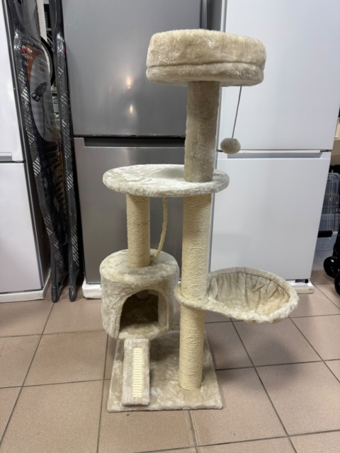Velvety Haven® – Drapak dla Kota z Domkiem, Hamakiem i Drabinką – Słupki Sizalowe – Wysokość: 115 cm – Kolor: Beżowy