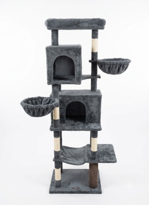Cat's Castle® – Wielopoziomowa Wieża / Wysoki Drapak dla Kota 175 cm – 2 Budki, 2 Leżaki, Hamak i Szczotka Sizalowa