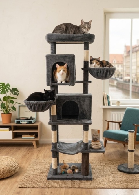 Cat's Castle® – Wielopoziomowa Wieża / Wysoki Drapak dla Kota 175 cm – 2 Budki, 2 Leżaki, Hamak i Szczotka Sizalowa