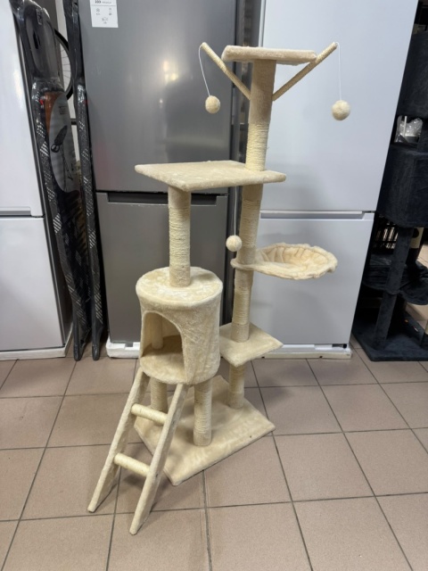 Whisker Tower® – Drapak 139 cm – 5 Poziomów, Jaskinia, Drabinka, Hamak i 3 Zabawki – Zabezpieczenie Ścienne – Kolor: Beżowy