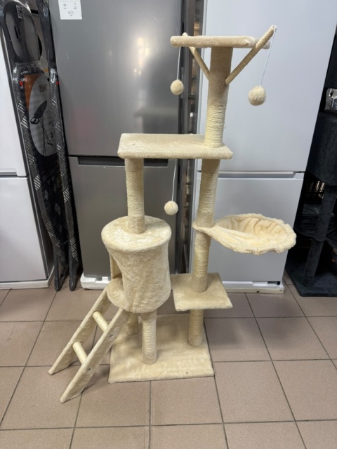 Whisker Tower® – Drapak 139 cm – 5 Poziomów, Jaskinia, Drabinka, Hamak i 3 Zabawki – Zabezpieczenie Ścienne – Kolor: Beżowy