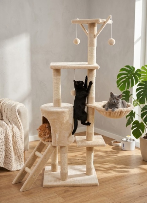 Whisker Tower® – Drapak 139 cm – 5 Poziomów, Jaskinia, Drabinka, Hamak i 3 Zabawki – Zabezpieczenie Ścienne – Kolor: Beżowy