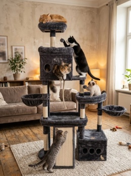 Cat's Pyramid® XL – Drapak dla Dużych Kotów 184 cm – 2 Budki, 2 Kosze, Wielka Deska Sizalowa (56x27 cm) & Poduszki do Prania