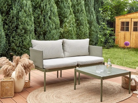 Beliani® TERRACINA – Modułowy Dwuosobowy Zestaw Ogrodowy ze Stolikiem – Aluminiowa Konstrukcja, Poduszki & Funkcja Schowka