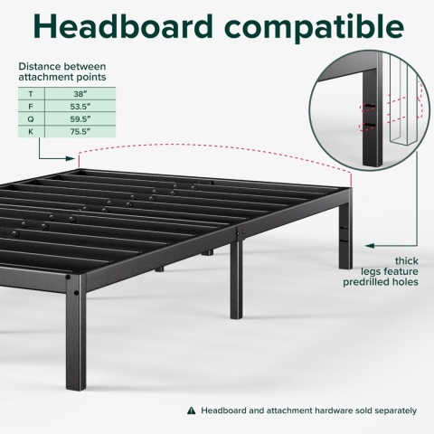 Zinus® Elias – Metalowa Rama Łóżka / Platforma pod Materac 140 x 190 cm – Stalowy Stelaż z Listwami
