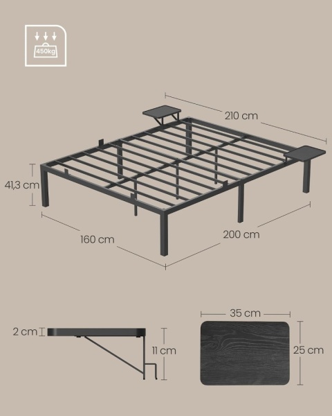 VASAGLE® Conner – Metalowa Rama Łóżka Podwójnego 160 x 200 cm z Półkami Nocnymi
