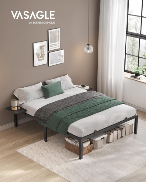 VASAGLE® Conner – Metalowa Rama Łóżka Podwójnego 160 x 200 cm z Półkami Nocnymi