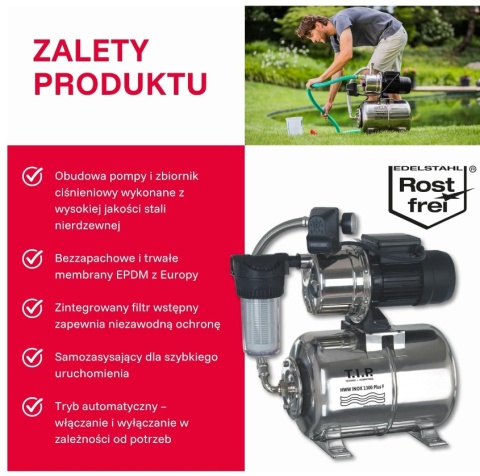 DEFEKT- T.I.P.® HWW INOX 1300 Plus F – Zestaw Hydroforowy / Pompa Domowa (1200 W / 4350 l/h / 5 bar)