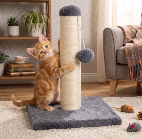 Smart Scratch Mini – Kompaktowy Drapak Słupek dla Kociąt i Kotów z Piłeczką (26 x 26 x 34 cm)