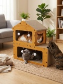 Eco Villa – Piętrowy Drapak Tekturowy dla Kota z Domkiem, Legowiskiem i 7 Piłeczkami (67 x 27 x 62 cm)
