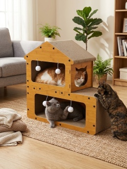 Eco Villa – Piętrowy Drapak Tekturowy dla Kota z Domkiem, Legowiskiem i 7 Piłeczkami (67 x 27 x 62 cm)