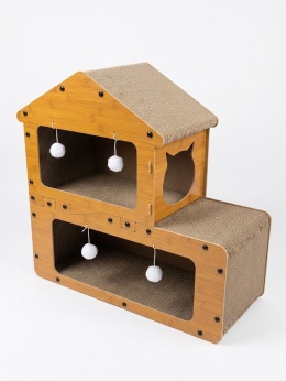 Eco Villa – Piętrowy Drapak Tekturowy dla Kota z Domkiem, Legowiskiem i 7 Piłeczkami (67 x 27 x 62 cm)