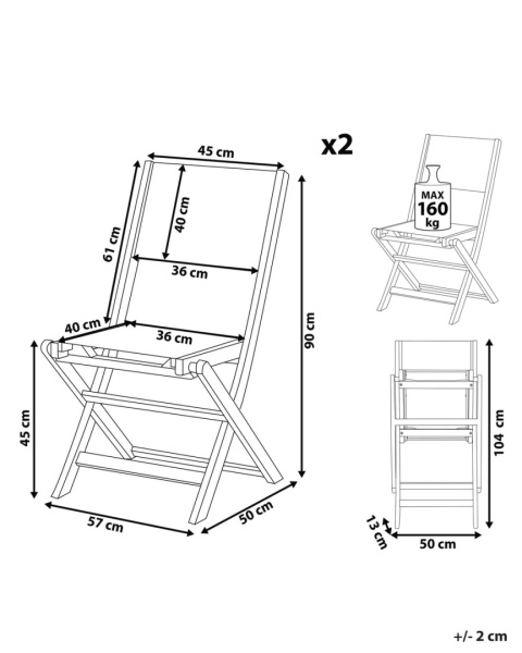 Beliani® Cesana – Zestaw 2 Składanych Krzeseł Ogrodowych z Drewna Akacjowego (57 x 50 x 90 cm)