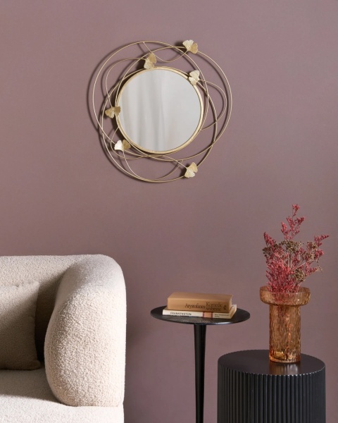 Beliani® Anglet – Okrągłe Lustro Ścienne w Złotej Metalowej Ramie z Motywem Liści Ginkgo (46 x 2 x 49 cm)