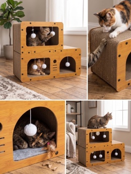 Eco Villa – Dwupoziomowy Drapak Tekturowy dla Kota z Domkiem, Legowiskiem i 5 Piłeczkami (67 x 27 x 51 cm)