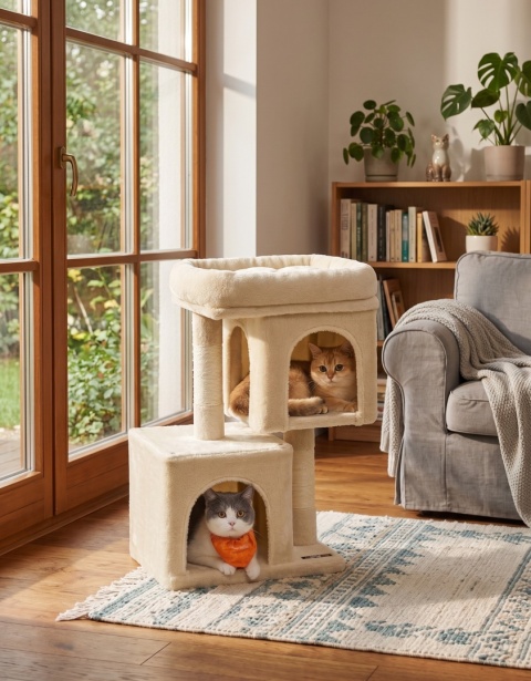 Smart Cat® Pro M – Mały Dwupoziomowy Drapak dla Kociąt i Małych Kotów z 2 Domkami (40 x 30 x 67 cm)