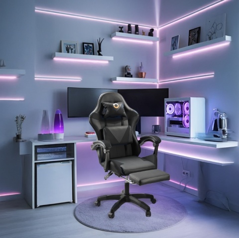 Ergonomiczny Obrotowy Fotel Gamingowy i Biurowy z Podnóżkiem Player (Czarny)