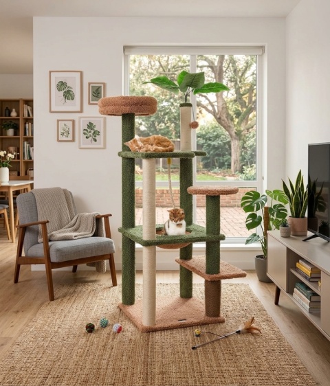 Smart Cat® Forest Oasis – Wysoki Drapak dla Kota Stylizowany na Drzewo ze Sztuczną Rośliną i Szczotką (49 x 48 x 152 cm)