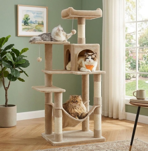 Smart Cat® Haven – Wielopoziomowy Drapak dla Kota z Hamakiem, Jaskinią i 2 Platformami Widokowymi (55 x 45 x 143 cm)
