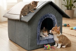 Smart Pet® Cozy Haven – Składana Buda / Domek Jaskinia dla Kota i Małego Psa z Pluszową Poduszką (40 x 35 x 40 cm)