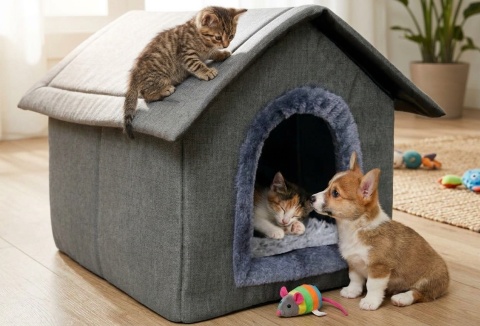 Smart Pet® Cozy Haven – Składana Buda / Domek Jaskinia dla Kota i Małego Psa z Pluszową Poduszką (40 x 35 x 40 cm)