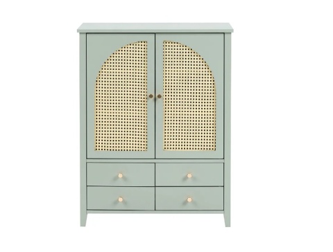 Beliani ® – Elegancka Szafka na Buty i Akcesoria w Stylu Boho (70 x 34 x 91 cm) – Plecionka Rattanowa, 3 Półki, 4 Szuflady