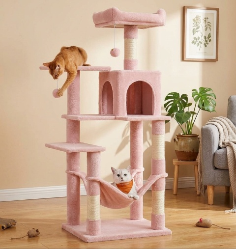 Smart Cat® Sweet Rose – Pastelowy Wielopoziomowy Drapak dla Kota z Hamakiem, Jaskinią i 2 Platformami (50 x 40 x 137,7 cm)
