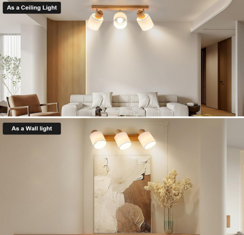 Doughelec Lampa Sufitowa 3 Obrotowe Reflektory Punktowe z Drewna, Retro E14, Bez Żarówek Doughelec Lampa Sufitowa 3 Obrotowe Reflektory Punktowe z Drewna, Retro E14, Bez Żarówek