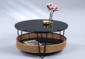 Stolik Kawowy Okrągły, Czarny Metalowy, Szkło i Rattan, 80 cm